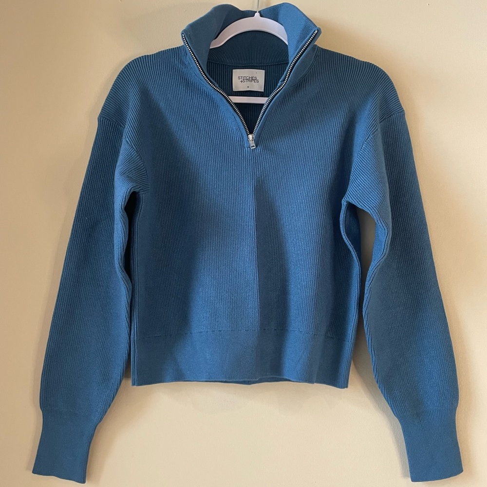 STITCHES + STRIPES Pullover long sleeve ribbed sweater with quarter zip